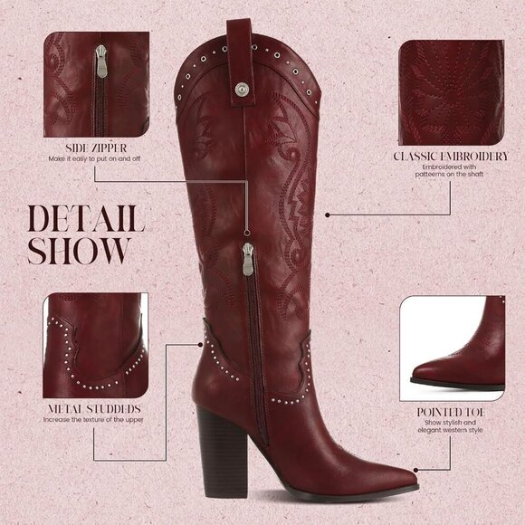 UngA Burgundy Boots Women Women\'s Burgundy Pointed Toe Chunky High Heels Western Wide Calf Cowgirl Boots